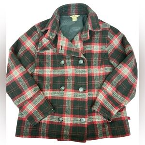 Woolrich Double-Breasted Wool Blend Red Black Gray Plaid Pea Coat Women's Sz L